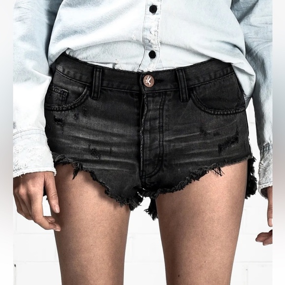 One Teaspoon Rollers Destroyed Denim Jean Shorts Coal Black Wash - Picture 1 of 15